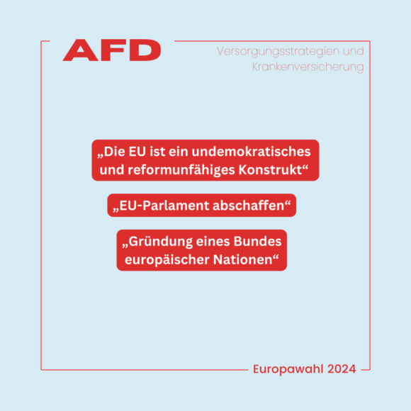 Dargestellt sind drei Zitate aus dem Wahlprogramm der AFD: 1) "Die EU ist ein undemokratisches und reformunfähiges Konstrukt" 2) "EU-Parlament abschaffen" 3) "Gründung eines Bundes europäischer Nationen"